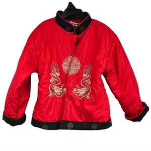 Chinese Dragon Bomber Jacket Boys Red Satin Embroidered Vintage Puffer Coat Kids